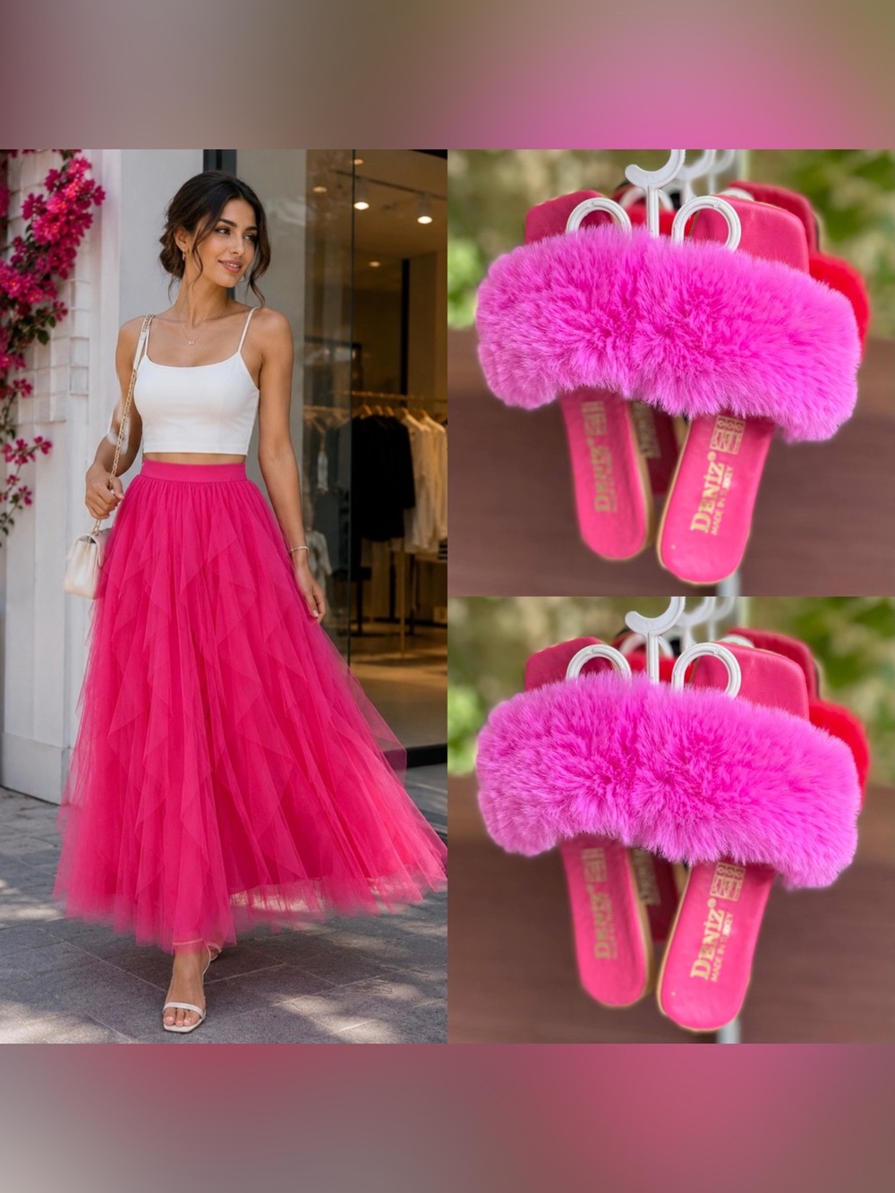 Hot Pink Set Women's Skirt + fluffy sabdals